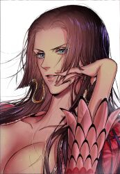 Rule 34 | 1girl, black hair, blue eyes, boa hancock, breasts, chinese commentary, commentary request, earrings, highres, jewelry, large breasts, long hair, looking at viewer, one piece, simple background, smdsqi, snake earrings, solo, teeth, white background