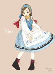 Rule 34 | 1girl, :d, ankle boots, black footwear, blue eyes, blue skirt, blue vest, boots, braid, brown hair, dated, full body, hair ribbon, head scarf, highres, long sleeves, looking at viewer, open mouth, original, pink background, polish clothes, polish text, red ribbon, ribbon, sako (35s 00), signature, simple background, skirt, slavic clothes, smile, solo, standing, traditional clothes, tress ribbon, twin braids, vest