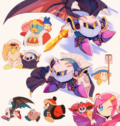 Rule 34 | :d, armor, armored boots, arms up, artist name, bandana, bandana waddle dee, beard, black wings, blue background, blue bandana, blue eyes, blush, blush stickers, boots, buttons, captain vul, coat, commentary request, cracked mask, dark meta knight, double-breasted, epaulettes, facial hair, floating hair, fur-trimmed jacket, fur trim, galaxia (sword), gloves, hand up, hat, highres, holding, holding mop, holding sword, holding weapon, jacket, king dedede, kirby, kirby (series), long hair, looking at another, looking at viewer, mask, mecha knight, meta knight, military uniform, mop, naval uniform, nintendo, on shoulder, one eye closed, open clothes, open jacket, open mouth, pauldrons, peaked cap, pink hair, pom pom (clothes), profile, purple footwear, rayman limbs, red footwear, red headwear, red jacket, running, sailor hat, sailor waddle dee, shadow dedede, shadow kirby, shoulder armor, sideways glance, simple background, smile, spiked wings, spikes, susie (kirby), sword, tokuura, torn wings, twitter username, uniform, weapon, white background, white coat, white eyes, white gloves, white headwear, wings, yellow eyes, yellow gloves