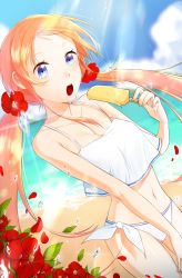 Rule 34 | 1girl, :o, absurdres, beach, bikini, blue eyes, breasts, cleavage, day, dew drop, flower, food, hair flower, hair ornament, highres, long hair, million arthur (series), nail polish, navel, open mouth, orange hair, original, outdoors, popsicle, side-tie bikini bottom, sky, small breasts, solo, swimsuit, twintails, water, water drop