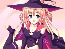 Rule 34 | 1girl, blonde hair, blue eyes, blush, boots, breasts, cape, cleavage, elbow gloves, gloves, hat, highres, kakesu, large breasts, leotard, long hair, marie rudel, sakura strasse, solo, thigh boots, thighhighs, witch, witch hat