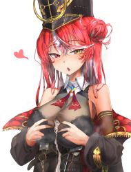 Rule 34 | 1girl, absurdres, aftersex, alternate costume, bare shoulders, between breasts, black hat, blush, breasts, breasts apart, cleavage, collar, cum, cum on body, cum on breasts, cum on upper body, derederu, hair bun, hat, heart, heterochromia, highres, hololive, hololive fantasy, houshou marine, jacket, large breasts, leotard, long hair, long sleeves, looking at viewer, multicolored hair, naughty face, off shoulder, parted lips, pink hair, red eyes, red hair, see-through, simple background, solo, two-tone hair, upper body, virtual youtuber, white background, yellow eyes