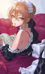 Rule 34 | 1girl, artoria pendragon (all), artoria pendragon (fate), black dress, black nails, blonde hair, book, braid, breasts, dress, fate/grand order, fate/stay night, fate (series), french braid, frills, long hair, long sleeves, looking at viewer, maid headdress, march ab, medium breasts, mouth hold, nail polish, off shoulder, official alternate costume, open book, saber alter, solo, yellow eyes