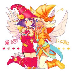 Rule 34 | 2girls, apple magician girl, bare shoulders, breasts, cleavage, detached sleeves, duel monster, full body, hair between eyes, hat, lemon magician girl, long hair, looking at viewer, mommorua, multiple girls, open mouth, simple background, smile, thighhighs, white background, wizard hat, yu-gi-oh!, yu-gi-oh! duel monsters