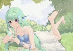 Rule 34 | 1girl, absurdres, alternate costume, barefoot, blue bow, blue flower, bow, bug, butterfly, commentary, dress, dress bow, finana ryugu, fins, flower, green butterfly, green hair, gyyk (ykkkk191), hair down, hair flower, hair ornament, head fins, highres, insect, long hair, nijisanji, nijisanji en, open mouth, purple eyes, solo, symbol-only commentary, virtual youtuber, white dress