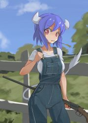 Rule 34 | 1girl, blue hair, blue overalls, blush, breasts, cow girls, cow horns, cow tail, female focus, gun, highres, horns, jashin-chan dropkick, large breasts, looking at viewer, minos (jashin-chan dropkick), minos drawfag, mouth hold, outdoors, overalls, red eyes, rifle, short hair, solo, stalk in mouth, tail, weapon