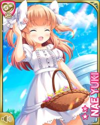 Rule 34 | 1girl, bare arms, bare legs, basket, blue eyes, bow, brown hair, character name, closed eyes, day, dress, girlfriend (kari), hair bow, long hair, official art, open mouth, qp:flapper, smile, solo, standing, two side up, white bow, white dress, yuuki nae