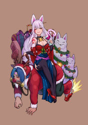 Rule 34 | 10s, 1boy, 1girl, all fours, assertive female, bare shoulders, blue hair, blush, breasts, christmas, christmas ornaments, cleavage, cup, daji (monster strike), drinking glass, femdom, fox, gift, hei niao, high heels, highres, human chair, human furniture, kitsune, large breasts, light purple hair, long hair, looking at viewer, monster strike, one eye closed, open mouth, red footwear, sitting, sitting on person, smile, tagme, tail, thighhighs, wine glass, yellow eyes