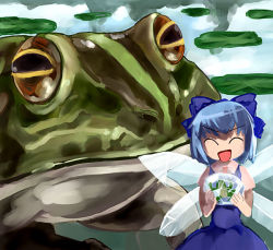 Rule 34 | 1girl, ^ ^, blue hair, bohemian archive in japanese red, bow, cirno, closed eyes, female focus, frog, lily pad, ribbon, smile, solo, touhou, you gonna get raped