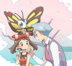 Rule 34 | 1boy, 1girl, bare arms, beautifly, blush, bow hairband, branch, brown hair, closed mouth, collared shirt, commentary request, creatures (company), fanny pack, game freak, gen 3 pokemon, grey hair, hairband, hand up, holding, jewelry, may (pokemon), nintendo, petals, pokemon, pokemon (creature), pokemon oras, popcorn 91, red hairband, ring, shirt, sleeveless, sleeveless shirt, steven stone, vest, white shirt, yellow bag