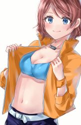 Rule 34 | 1girl, bad id, bad twitter id, belt, blue bra, blue eyes, blush, bra, breasts, brown hair, cleavage, commentary request, highres, jacket, jewelry, long sleeves, looking at viewer, love live!, love live! school idol festival, love live! sunshine!!, medium breasts, minori 748, navel, necklace, no shirt, open clothes, open jacket, orange jacket, short hair, simple background, smile, solo, stomach, underwear, upper body, watanabe you, white background, white belt, wristband