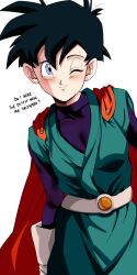 Rule 34 | 1girl, absurdres, black hair, blue eyes, breasts, cape, commentary, dragon ball, dragonball z, english text, gloves, great saiyaman 2, head cha la, highres, one eye closed, red cape, short hair, small breasts, smile, solo, sweat, videl, white gloves