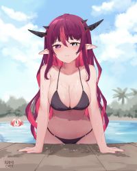 Rule 34 | 2girls, absurdres, animal ears, arm support, asphyxiation, bare shoulders, bikini, black bikini, black hair, blurry, blurry background, blush, breasts, cleavage, closed mouth, demon girl, demon horns, drowning, green eyes, hair between eyes, hakos baelz, halterneck, hanging breasts, heterochromia, highres, hololive, hololive english, horns, irys (hololive), large breasts, long hair, looking at viewer, mouse ears, mouse girl, multicolored hair, multiple girls, multiple horns, nail polish, namiorii, navel, outdoors, pointy ears, pool, puddle, purple eyes, purple hair, red hair, sidelocks, signature, sky, smile, stomach, streaked hair, string bikini, swimsuit, upper body, very long hair, virtual youtuber, water, water drop, wet, white hair