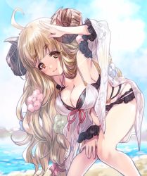 Rule 34 | 1girl, ahoge, anila (granblue fantasy), anila (summer) (granblue fantasy), arm up, bikini, blonde hair, blurry, blurry background, breasts, cleavage, closed mouth, commentary request, day, draph, frilled bikini, frills, front-tie bikini top, front-tie top, granblue fantasy, hand on own knee, highres, horns, kuroi mimei, large breasts, leaning forward, long hair, long sleeves, looking at viewer, multi-strapped bikini, outdoors, pink bikini, shading eyes, sheep horns, short eyebrows, smile, solo, standing, sunlight, swimsuit, swimsuit cover-up, thick eyebrows, very long hair, yellow eyes