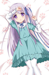 Rule 34 | 10s, 1girl, arm on own head, arm up, bed, blue dress, child, dress, gotou jun, highres, long hair, lying, on back, one side up, open mouth, pantyhose, purple eyes, purple hair, ribbon, side ponytail, solo, tenshi no 3p!, very long hair, white pantyhose, xiaosamiao