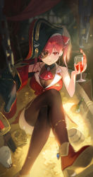 Rule 34 | 1girl, absurdres, arrow through heart, artist name, breasts, chain, cleavage, coin, cup, drinking glass, eyepatch, gold, gold coin, hair between eyes, hat, heart, highres, holding, holding cup, hololive, houshou marine, houshou marine (1st costume), jacket, jewelry, large breasts, licking lips, looking at viewer, necklace, pirate hat, red eyes, red hair, see-through, see-through cleavage, sitting, skirt, skull, solo, soyoong jun, sword, thighhighs, tongue, tongue out, twintails, virtual youtuber, watermark, weapon, wine glass