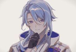 Rule 34 | 1boy, black gloves, blue hair, closed mouth, commentary, english commentary, genshin impact, gloves, grey background, hand on own chin, highres, japanese clothes, kamisato ayato, looking at viewer, male focus, mole, mole under mouth, portrait, purple eyes, simple background, solo, unacha