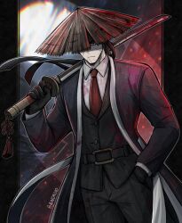 Rule 34 | 1boy, 4indroid, belt, black gloves, black hanbok, black pants, black vest, blood, blood on clothes, collared shirt, gloves, hat, highres, holding, holding sword, holding weapon, limbus company, meursault (project moon), moon, necktie, pants, project moon, red necktie, rice hat, scar, scar on face, shirt, solo, sword, tassel, vest, weapon, white shirt