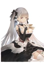 Rule 34 | 1girl, absurdres, azur lane, bad id, bad twitter id, bare shoulders, between breasts, black dress, breasts, chromatic aberration, cleavage, cup, dokshuri, dress, formidable (azur lane), frilled dress, frills, grey hair, hair ribbon, highres, holding, holding cup, holding saucer, jewelry, large breasts, long hair, long sleeves, looking at viewer, red eyes, ribbon, rigging, saucer, simple background, sitting, solo, tea, teacup, thighhighs, twintails, two-tone dress, two-tone ribbon, very long hair, wariza, white background, white thighhighs