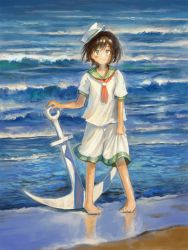 Rule 34 | 1girl, anchor, arm up, barefoot, beach, black hair, clothes grab, day, fjsmu, full body, green eyes, green sailor collar, hat, highres, holding, holding anchor, looking at viewer, murasa minamitsu, neckerchief, ocean, outdoors, pigeon-toed, red neckerchief, sailor collar, sailor hat, shirt, short hair, short sleeves, shorts, sleeve cuffs, smile, solo, standing, surf, touhou, white shirt, white shorts