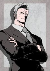 Rule 34 | 1boy, absurdres, black suit, brown eyes, character request, closed mouth, crossed arms, formal, grey hair, grey necktie, grey shirt, highres, male focus, necktie, old, old man, punishing: gray raven, shirt, short hair, solo, suit, takashi san