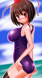 Rule 34 | 1girl, adjusting clothes, adjusting swimsuit, black thighhighs, blush, breasts, brown hair, female focus, hat, highres, honda takaharu, impossible clothes, impossible swimsuit, large breasts, looking at viewer, one-piece swimsuit, red eyes, school swimsuit, shameimaru aya, shiny clothes, short hair, solo, swimsuit, thighhighs, tokin hat, touhou, wet, wet clothes