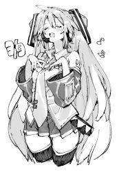 Rule 34 | 1girl, bare shoulders, blush, breasts, closed eyes, collared shirt, cowboy shot, detached sleeves, greyscale, hair between eyes, hair ornament, hatsune miku, highres, long hair, long sleeves, miniskirt, monochrome, music, necktie, open mouth, pleated skirt, sasami (ki), shirt, shoulder tattoo, simple background, singing, skirt, smile, solo, standing, tattoo, thighhighs, very long hair, vocaloid, white background, wide sleeves, zettai ryouiki