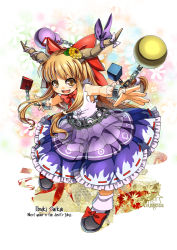 Rule 34 | 1girl, :d, artist name, belt, blonde hair, bow, chain, character name, cube, cuffs, floral background, flower, gourd, hair bow, hair flower, hair ornament, horn ornament, horn ribbon, horns, ibuki suika, long hair, looking at viewer, oni horns, open mouth, outstretched arms, ribbon, shackles, shirt, footwear ribbon, skirt, sleeveless, sleeveless shirt, smile, solo, orb, spread arms, touhou, umigarasu (kitsune1963), very long hair, weights, wrist cuffs, yellow eyes