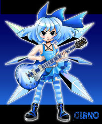 Rule 34 | alternate costume, blue eyes, blue hair, bow, cirno, electric guitar, gibson les paul, guitar, hair bow, instrument, short hair, solo, striped clothes, striped thighhighs, takamoto akisa, thighhighs, touhou, wings