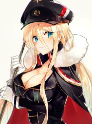 Rule 34 | 1girl, azur lane, bismarck (azur lane), black cape, black hat, blonde hair, blue eyes, breasts, cape, cleavage, frown, fur-trimmed cape, fur-trimmed legwear, fur trim, gloves, hair between eyes, hat, highres, irohatomo, large breasts, long hair, long sleeves, looking at viewer, military, military hat, military uniform, peaked cap, sidelocks, solo, white gloves, wing collar