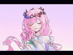 Rule 34 | 1girl, :d, bare shoulders, bouquet, bow, breasts, brooch, brown flower, closed eyes, commentary, dress, elysia (honkai impact), facing viewer, floating hair, flower, hai (ka21e 2), hands up, highres, holding, holding bouquet, honkai (series), honkai impact 3rd, jewelry, letterboxed, long hair, medium breasts, open mouth, pink background, pink flower, pink hair, pointy ears, purple flower, simple background, smile, solo, thorns, twitter username, upper body, white bow, white dress