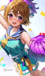 Rule 34 | 1girl, blue sailor collar, blush, braid, breasts, brown hair, cheerleader, confetti, cowboy shot, double-parted bangs, frilled skirt, frills, green shirt, green skirt, hair ribbon, highres, holding, holding pom poms, koizumi hanayo, large breasts, light blue background, looking at viewer, love live!, love live! school idol project, miniskirt, nakano maru, neckerchief, nose blush, open mouth, pom pom (cheerleading), pom poms, purple eyes, ribbon, sailor collar, shirt, short hair, side braids, skirt, smile, solo, sweat, yellow neckerchief