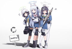 Rule 34 | 3girls, absurdres, animal ears, bag, black bow, black footwear, black gloves, black hair, black undershirt, blue archive, blue eyes, blue halo, blue sailor collar, blue serafuku, blue skirt, bolt action, boots, bow, bright pupils, carrying bag, closed mouth, combat helmet, commentary request, cross-laced footwear, fake animal ears, gloves, green halo, green neckerchief, gun, halo, helmet, highres, holding, holding bag, jacket, knee pads, leaf, leaf on head, loading screen, long hair, long sleeves, looking at viewer, mcoco7, medium hair, miyako (blue archive), miyu (blue archive), mosin-nagant, multicolored clothes, multicolored jacket, multicolored skirt, multiple girls, neckerchief, notice lines, one eye closed, open mouth, pantyhose, pink neckerchief, bulletproof vest, pleated skirt, purple eyes, rabbit ears, rabbit platoon (blue archive), rash guard, red eyes, rifle, sailor collar, saki (blue archive), school uniform, serafuku, shadow, shoes, sign, simple background, single knee pad, skirt, sneakers, two-tone jacket, weapon, white background, white footwear, white hair, white halo, white headwear, white helmet, white pantyhose, white pupils, yellow neckerchief