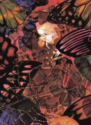 Rule 34 | 1girl, blonde hair, blue butterfly, bow, brown bow, brown dress, bug, butterfly, commentary, dress, frilled sleeves, frills, green butterfly, hair bow, highres, insect, kurodani yamame, long sleeves, medium hair, parted lips, philocne, pink butterfly, red eyes, silk, smile, solo, spider web, touhou