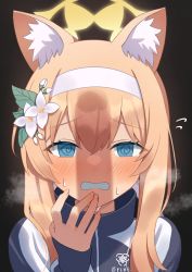 Rule 34 | 1girl, @ @, animal ears, black background, blue archive, blue eyes, blush, cat ears, cat girl, clenched teeth, commentary request, flower, full-face blush, hair between eyes, hair flower, hair ornament, hairband, highres, hizikata398, jacket, long hair, long sleeves, looking at viewer, mari (blue archive), mari (track) (blue archive), official alternate costume, orange hair, penis awe, sidelocks, silhouette, simple background, solo, teeth, track jacket
