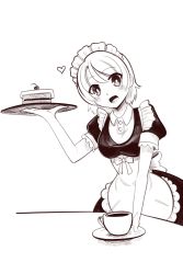 Rule 34 | 1girl, boa (brianoa), cake, character request, food, greyscale, highres, looking at viewer, maid, monochrome, open mouth, short hair, smile, solo