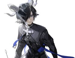 Rule 34 | 1boy, animal ears, arknights, black hair, black pants, black shirt, blue eyes, bokyo, commentary request, frown, goat boy, goat ears, goat horns, hair over one eye, highres, horns, lessing (arknights), looking at viewer, male focus, pants, shirt, short hair, simple background, solo, upper body, white background