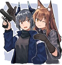Rule 34 | 2girls, animal ear fluff, animal ears, arknights, black gloves, black jacket, blush, border, brown hair, collared shirt, donki (yeah), dragon girl, dragon horns, extra ears, fox ears, fox girl, franka (arknights), gloves, grey background, grey hair, grey shirt, gun, hair between eyes, hand on another&#039;s shoulder, handgun, highres, holding, holding gun, holding weapon, horns, jacket, liskarm (arknights), long hair, long sleeves, looking at viewer, multiple girls, one eye closed, open clothes, open jacket, outside border, red eyes, salute, shirt, sidelocks, simple background, sweatdrop, two-finger salute, upper body, weapon, white border, yellow eyes