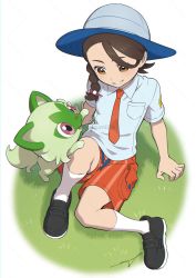 Rule 34 | 1girl, arm support, black footwear, braid, breast pocket, brown eyes, brown hair, commentary, creatures (company), from above, game freak, grass, grey headwear, hat, highres, juliana (pokemon), necktie, nintendo, orange necktie, orange shorts, parted lips, pocket, pokemon, pokemon (creature), pokemon sv, sankaku, shirt, shoes, short sleeves, shorts, sitting, smile, socks, sprigatito, symbol-only commentary, twitter username, watermark, white socks