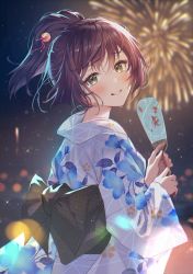 Rule 34 | 1girl, :d, back bow, blush, bow, brown hair, candy apple, commentary request, crying, crying with eyes open, fireworks, floral print, flower, food, green eyes, hair bow, hair flower, hair ornament, happy tears, haru (hiyori-kohal), highres, holding, holding food, japanese clothes, kimono, long sleeves, night, night sky, open mouth, original, outdoors, parted lips, ponytail, print kimono, purple bow, purple flower, short hair, short ponytail, sky, smile, solo, sparkle, tears, upper body, white bow, white kimono, wide sleeves