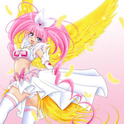 Rule 34 | 10s, 1girl, :d, ass, blue eyes, bow, braid, crescendo cure melody, cure melody, cure melody (crescendo), dress, eyelashes, gloves, hair bow, houjou hibiki, long hair, lonmiy, looking back, magical girl, midriff, open mouth, panties, pantyshot, pink bow, pink hair, precure, smile, solo, suite precure, thighhighs, twintails, underwear, white background, white panties, white thighhighs, wings
