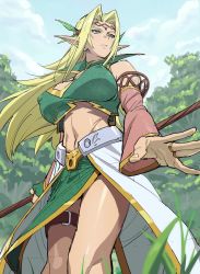 Rule 34 | 1girl, arms at sides, blonde hair, blue eyes, breasts, circlet, covered erect nipples, detached sleeves, elf, grass, hair intakes, highres, huge breasts, ishii takamori, long hair, midriff, original, pelvic curtain, pointy ears, solo, staff, thigh strap, tree