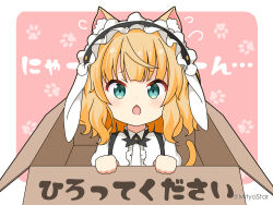 Rule 34 | 1girl, animal ear fluff, animal ears, black hairband, blonde hair, box, cardboard box, cat day, cat ears, cat girl, cat tail, center frills, chestnut mouth, commentary request, fake animal ears, fleur de lapin uniform, floppy ears, for adoption, frilled hairband, frills, gochuumon wa usagi desu ka?, green eyes, hairband, hands up, in box, in container, kemonomimi mode, kirima syaro, looking at viewer, mitya, open mouth, paw print, paw print background, pink background, puffy sleeves, rabbit ears, shirt, solo, tail, translation request, twitter username, two-tone background, uniform, waitress, white background, white shirt
