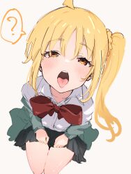 Rule 34 | 1girl, ?, absurdres, black skirt, blonde hair, blush, bocchi the rock!, bow, bowtie, commentary request, from above, green jacket, highres, ijichi nijika, jacket, long hair, looking at viewer, looking up, off shoulder, oral invitation, red bow, red bowtie, red eyes, seiza, sexually suggestive, shirt, side ponytail, simple background, sitting, sketch, skirt, solo, spoken question mark, tongue, tongue out, ukitaryu, white background, white shirt