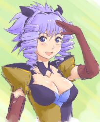 Rule 34 | 1girl, :d, breasts, cleavage, commentary, drill hair, elbow gloves, elgala, excel saga, gloves, hair between eyes, hair intakes, hand up, light purple hair, medium breasts, open mouth, purple eyes, red gloves, shading eyes, short hair, sketch, smile, solo, upper body, zawabug