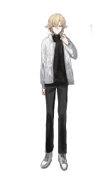 Rule 34 | 1boy, black pants, black shirt, blonde hair, chihuri, closed mouth, final fantasy, final fantasy xiv, green eyes, hair between eyes, hand up, highres, jacket, long sleeves, looking at viewer, male focus, open clothes, open jacket, pants, puffy long sleeves, puffy sleeves, shirt, shoes, simple background, smile, solo, translation request, turtleneck, white background, white footwear, white jacket, zephirin de valhourdin
