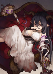 Rule 34 | 10s, 1girl, bandages, bandaged arm, black gloves, black hair, blood, blood on clothes, breasts, cleavage, danua, doll, draph, dress, fingerless gloves, gloves, granblue fantasy, highres, horn ornament, horns, large breasts, long hair, looking at viewer, lying, on back, pointy ears, red eyes, sleeveless, solo, very long hair, white dress, yuu (higashi no penguin)