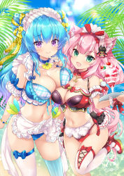 Rule 34 | 2girls, :d, absurdres, animal ear fluff, animal ears, asymmetrical docking, asymmetrical legwear, bare shoulders, bikini, black bikini, blue bikini, blue hair, blue sky, blue theme, breast press, breasts, cat ears, cat girl, cat tail, cherry, cleavage, closed mouth, cloud, commentary request, copyright request, day, double bun, fang, food, fruit, green eyes, hair bun, highres, hinata momo, holding, holding tray, large breasts, layered bikini, long hair, looking at viewer, maid headdress, medium breasts, mismatched legwear, multiple girls, open mouth, outdoors, palm tree, parfait, pink hair, purple eyes, red bikini, single thighhigh, sky, smile, standing, standing on one leg, striped clothes, striped thighhighs, swimsuit, tail, thighhighs, tray, tree, vertical-striped clothes, vertical-striped thighhighs, very long hair, water, white thighhighs
