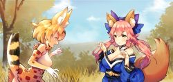 Rule 34 | + +, 10s, 2girls, animal ears, ayami (annahibi), bare shoulders, blonde hair, blush, bow, bowtie, breasts, cleavage, commentary request, crossover, day, detached collar, detached sleeves, elbow gloves, fate/extra, fate (series), fox ears, fox tail, gloves, hair bow, hair ribbon, japanese clothes, kemono friends, large breasts, multiple girls, open mouth, outdoors, paw pose, pink hair, ribbon, serval (kemono friends), serval print, serval tail, short hair, sleeveless, smile, tail, tamamo (fate), tamamo no mae (fate/extra), tree, yellow eyes