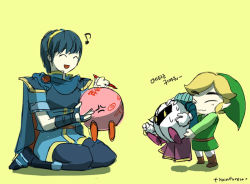 Rule 34 | 2boys, angry, blonde hair, blue hair, cape, closed eyes, fire emblem, hat, kirby, kirby (series), korean text, link, marth (fire emblem), meta knight, multiple boys, muse (rainforest), musical note, nintendo, pointy ears, smile, super smash bros., the legend of zelda, toon link, translated